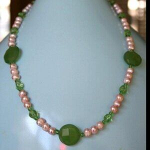 Hand made necklace fresh water pearl green jade semi precious stones